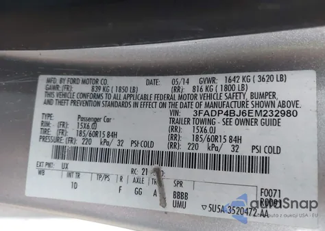 2014 Ford Fiesta Se z USA, uszkodzony, nr VIN 3FADP4BJ6EM232980